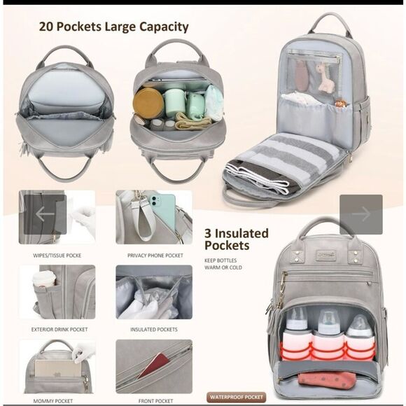 ROSEGIN Vegan Premium Leather Diaper Bag Backpack for Boy Girl Gray - Picture 13 of 13